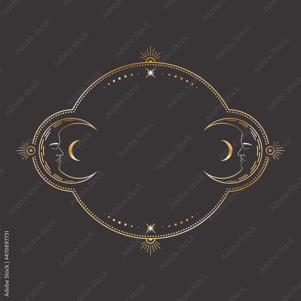 Canvas Prints vector mystical celestial sticker with a golden frame with stars, two crescents with sleeping faces 