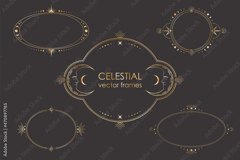 Canvas Prints vector mystic celestial oval and round stickers set with a golden frames with stars, moon phases, cr
