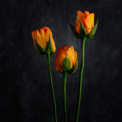 Still Life Image of Three Roses on Grey Background formatted Square