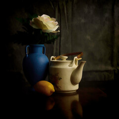 Still Life Image of a Teapot, Blue Vase, Yellow Rose and Lemon on Grey Background formatted in Square