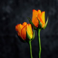 Still Life Image of Two Yellow Roses on Grey Background cropped square