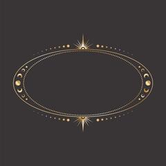 Vector mystical celestial oval sticker with a golden frame with stars, moon phases, crescents and copy space. Ornate elliptical shiny magical isolated label with a place for text