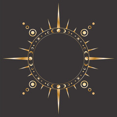 Vector mystical celestial round sticker with a golden frame with stars, moon phases, crescents and copy space. Ornate shiny magical isolated label with beams and place for text
