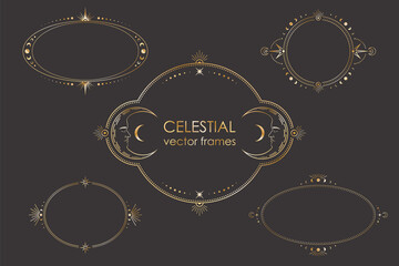 Vector mystic celestial oval and round stickers set with a golden frames with stars, moon phases, crescents and copy space. Collection of ornate shiny magical isolated labels with place for text