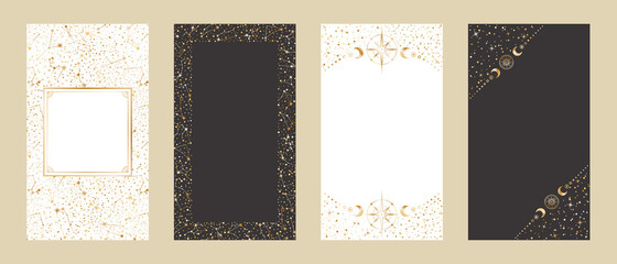Celestial card templates for stories and web banners with a copy space. Festive vector backgrounds set. Four shiny golden astrological frames with stars, constellations, crescents and place for text