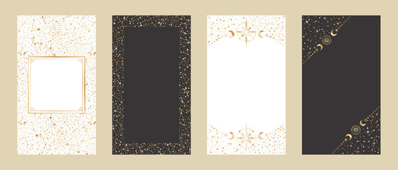 Celestial card templates for stories and web banners with a copy space. Festive vector backgrounds set. Four shiny golden astrological frames with stars, constellations, crescents and place for text © Murhena
