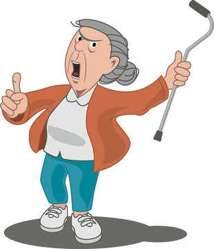 Angry old woman scolds and waves her cane and shakes her finger