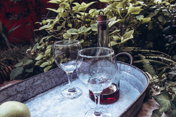 Decanter of wine, two glasses and ripe green apples in a large iron tray in the garden. Side view