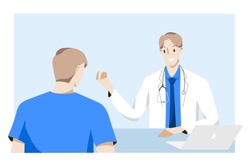 Fototapeta premium Male doctor is consulting with patients in clinic or hospital. Healthcare and medical concept. Vector illustration.
