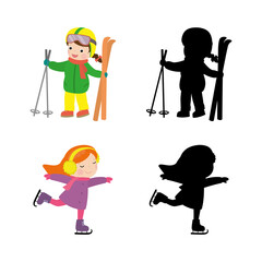 Fototapeta na wymiar Funny girls - skater and skier isolated on white background. Cartoon children go in for winter sports. Set of kids with black silhouettes. Winter activities.
