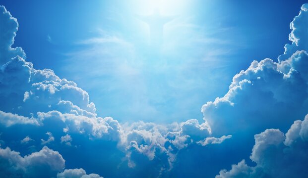 Jesus Christ in blue sky with clouds, bright light from heaven. Jesus rose from dead and ascended into heaven