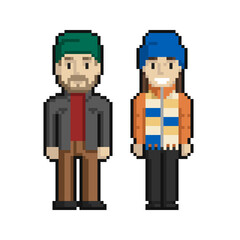 Pixel art set of cute couple of a man and a woman on a white background.
