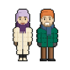Pixel art set of cute couple of a man and a woman in winter on a white background. - 470899333