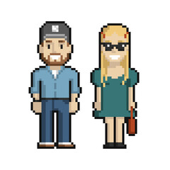 Pixel art set of cute couple of a man and a woman on a white background. - 470899343