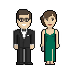Pixel art set of couple of a man in a tuxedo and a woman in an evening dress on a white background. - 470899372