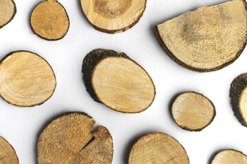 Wooden cuts of different diameters with crack on white background, natural products concept, flat...