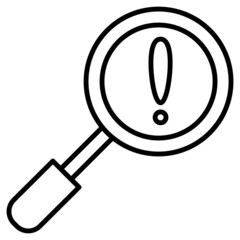 Information search service. Magnifying glass and exclamation mark. Search for dangers. Attention, caution, threat. Vector icon, outline, isolated.