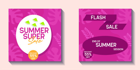 set of Summer Sale banner, hot season sale poster with leaves. Invitation for shopping. special offer card, template for design template