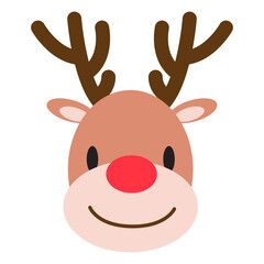 Funny cartoon reindeer face. Santas helper. Christmas and New Year decor. Deer with big red nose. Smiling winter animal. Print for sticker, gift wrap, textile, banner, seasonal design. 