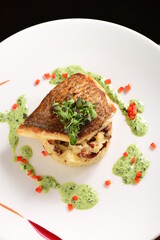 Tasty healthy fish fillet with potato puree with dried tomatoes and wild garlic sauce