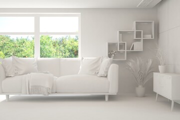 Stylish room in white color with sofa and summer landscape in window. Scandinavian interior design. 3D illustration