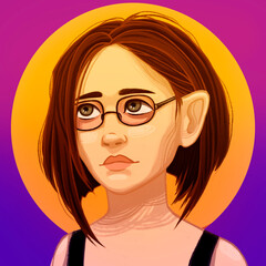 Portrait of a girl with glasses on a bright yellow and purple background