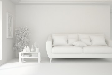 White minimalist living room with sofa. Scandinavian interior design. 3D illustration