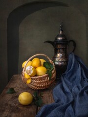 Obraz na płótnie Canvas Still life with lemons and copper jug