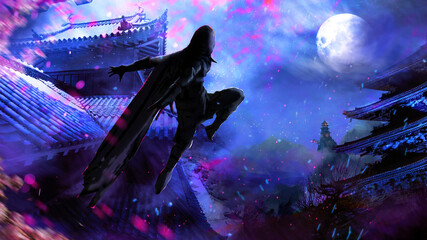 The killer in a dynamic pose with a hood and cape jumps on the roofs of Japanese castles. the full moon is visible in the background among clouds and roofs of houses and branches of sakura. 2d art © Николай Акатов