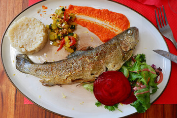 Rustic plate with home cooked trout with tasteful vegetarian side dishes served on the table outside in France