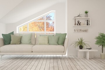 Stylish room in white color with sofa and autumn landscape in window. Scandinavian interior design. 3D illustration