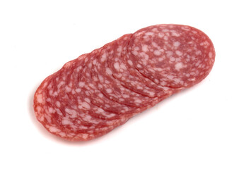 pieces of salami sausage on a white plate