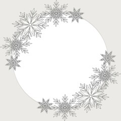 Fototapeta na wymiar Snowflakes round frame. Winter composition. Merry Christmas and Happy New Year Border. For wedding invitation and birthday card. For text, photo, save date, logo, monogram