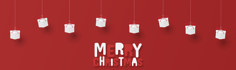 Merry Christmas banner with gift box on red background