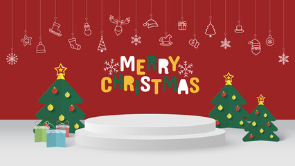 Merry Christmas banner with podium platform on red background. Happy new year stand to show product for christmas