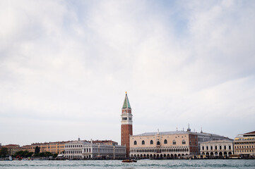 Campanile and Doge palace in Venice on a cloudy day in winter