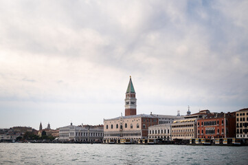 Campanile and Doge palace in Venice on a cloudy day in winter