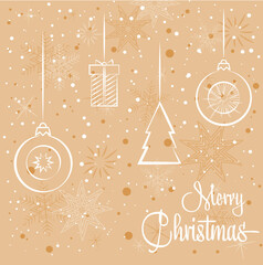 white Christmas decorations and snowflakes on a beige background Christmas card