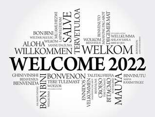 WELCOME 2022 word cloud in different languages, conceptual background