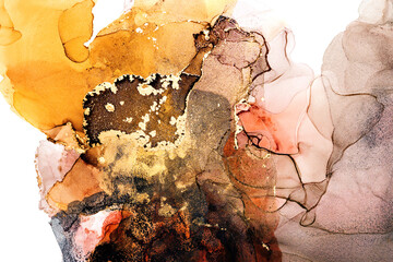 Shiny golden alcohol ink abstract texture translucent. Luxurious Metallic Marble. Modern contemporary fluid art technique. High quality details with metallic flecks. Multicolor perfect backdrop