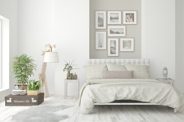 Soft color bedroom interior. Scandinavian design. 3D illustration