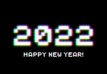 2022 New Year sign with glitched glowing pixels. Winter holiday and year change symbol.