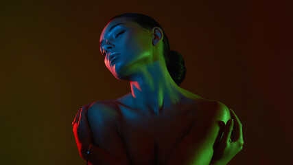 beautiful woman in color lights