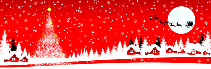 Christmas scene in the village on a red background. Scene of winter Christmas night. Snowy village. The Christmas star is shining. In the sky, Santa is on a sleigh with reindeer