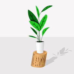 Indoor plant in a pot on timber. Cartoon style. Green natural decor for home and interior.