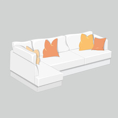 White sofa with brown and orange pillows. Elements for decorated modern interior.