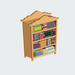 Wooden isometric bookcase with shelves full of different books, isolated on white background. Education library and bookstore concept.