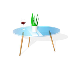 Indoor plant in a pot  and a glass of wine on a glass table. Cartoon style. Green natural decor for home and interior.