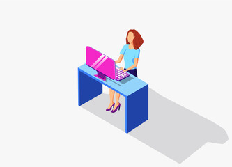 Customer service, programmer coding, operator woman, business woman entrepreneur, freelancer professional sitting at table with a computer. 3d isometric illustration