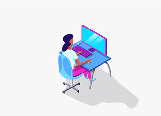 Fototapeta premium Customer service, programmer coding, operator woman, business woman entrepreneur, freelancer professional sitting at table with a computer. 3d isometric illustration